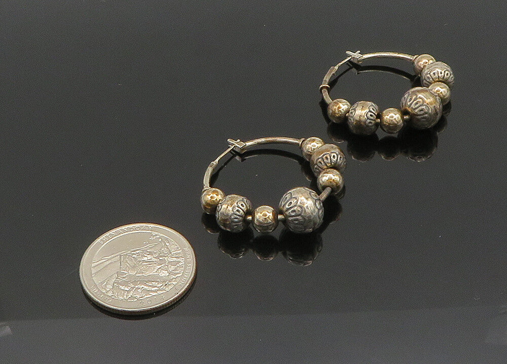 SOUTHWESTERN 925 Silver Vintage Dark Tone Floral Beaded Hoop Earrings EG10403