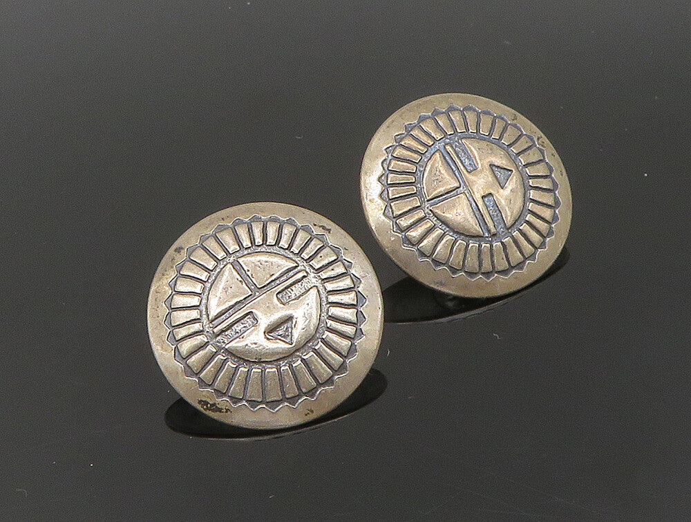 SOUTHWESTERN 925 Sterling Silver Vintage Etched Face Motif Stud Earrings EG11623
