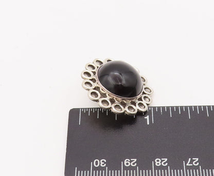 925 Sterling Silver Earrings MEXICO Cabochon Onyx Halo Carved Rings  EG12841