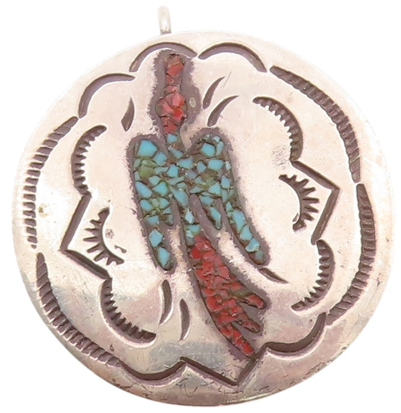 925 Sterling Silver Vintage Pendant NAVAJO ZUNI Crushed Turquoise Bird  PT24142