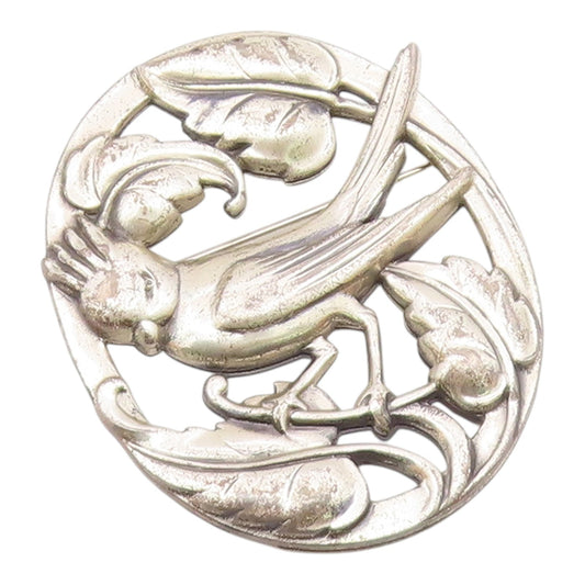 NORSELAND CORO 925 Silver  Vintage Antique Floral Bird Scene Brooch Pin BP8016