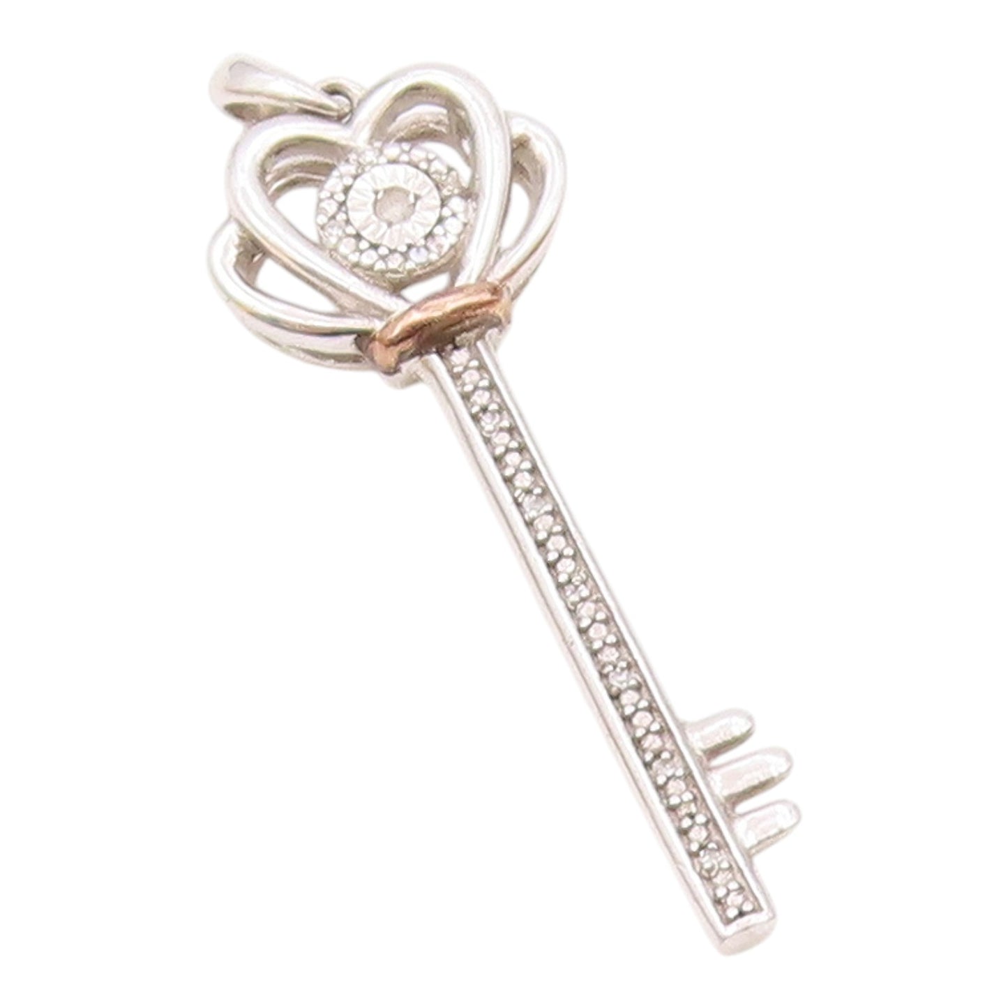 10K GOLD & 925 Silver  Vintage Two Tone Genuine Diamond Key Pendant  PT21168