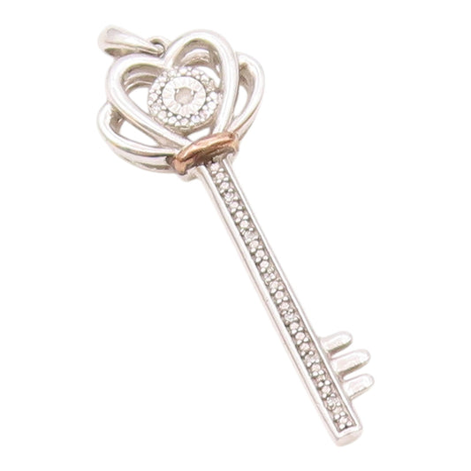 10K GOLD & 925 Silver  Vintage Two Tone Genuine Diamond Key Pendant  PT21168