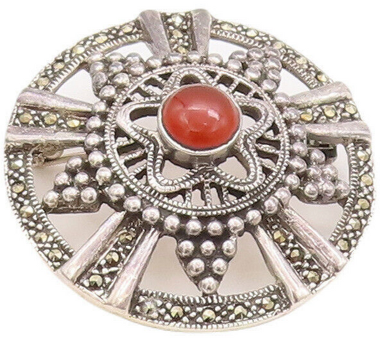 925 Sterling Silver Vintage Brooch Pin Floral Carved Carnelian Marcasite BP10814