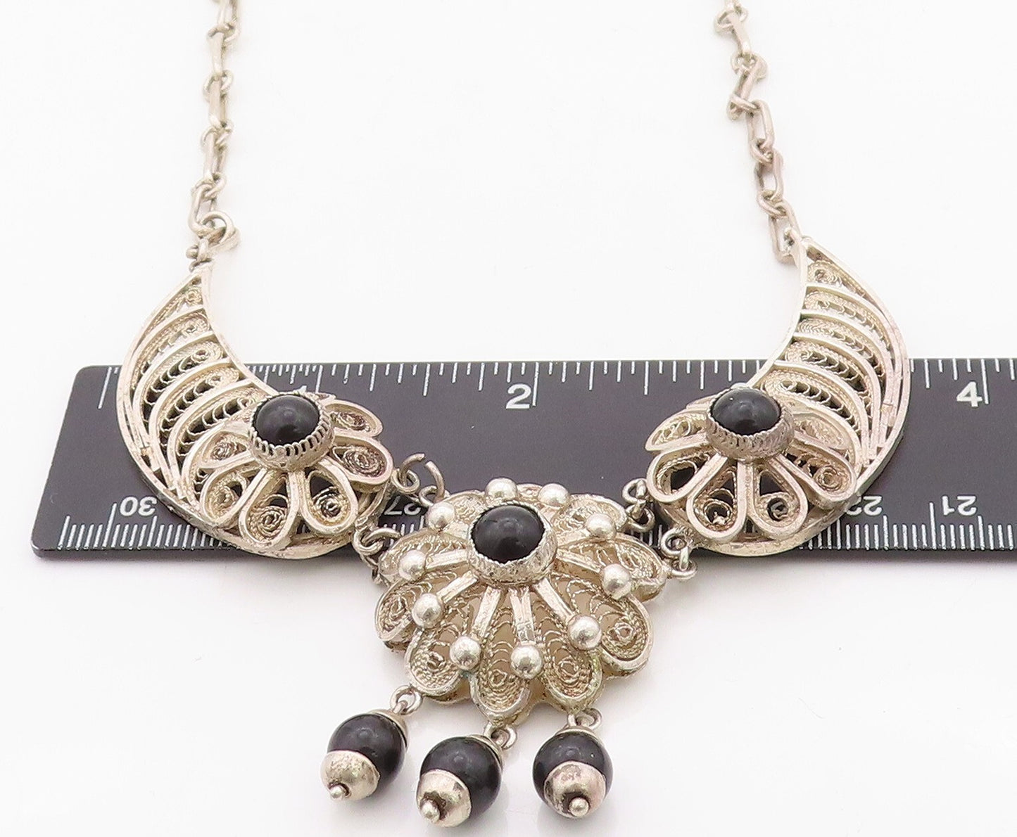 925 Sterling Silver Vintage Necklace Designer Filigree Floral Onyx  NE4306