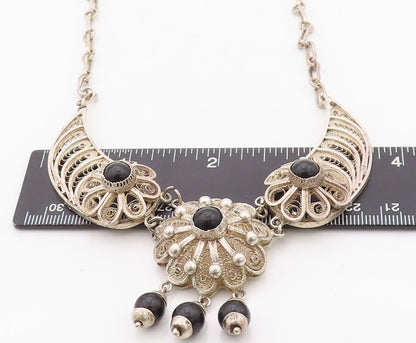 925 Sterling Silver Vintage Necklace Designer Filigree Floral Onyx  NE4306