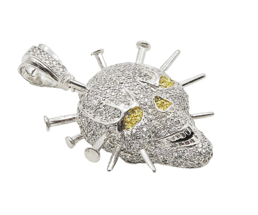 925 Sterling Silver  Sparkling Cubic Zirconia Encrusted Skull Pendant  PT7839