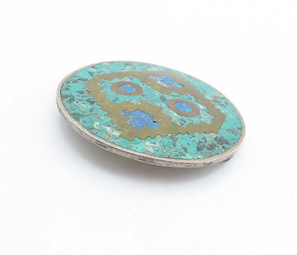 MEXICO 925 Silver Vintage Turquoise & Jasper Pattern Round Brooch Pin BP2614