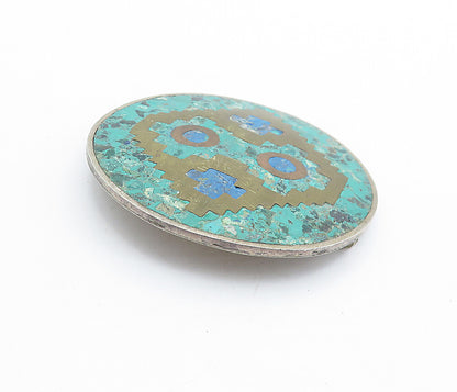 MEXICO 925 Silver Vintage Turquoise & Jasper Pattern Round Brooch Pin BP2614