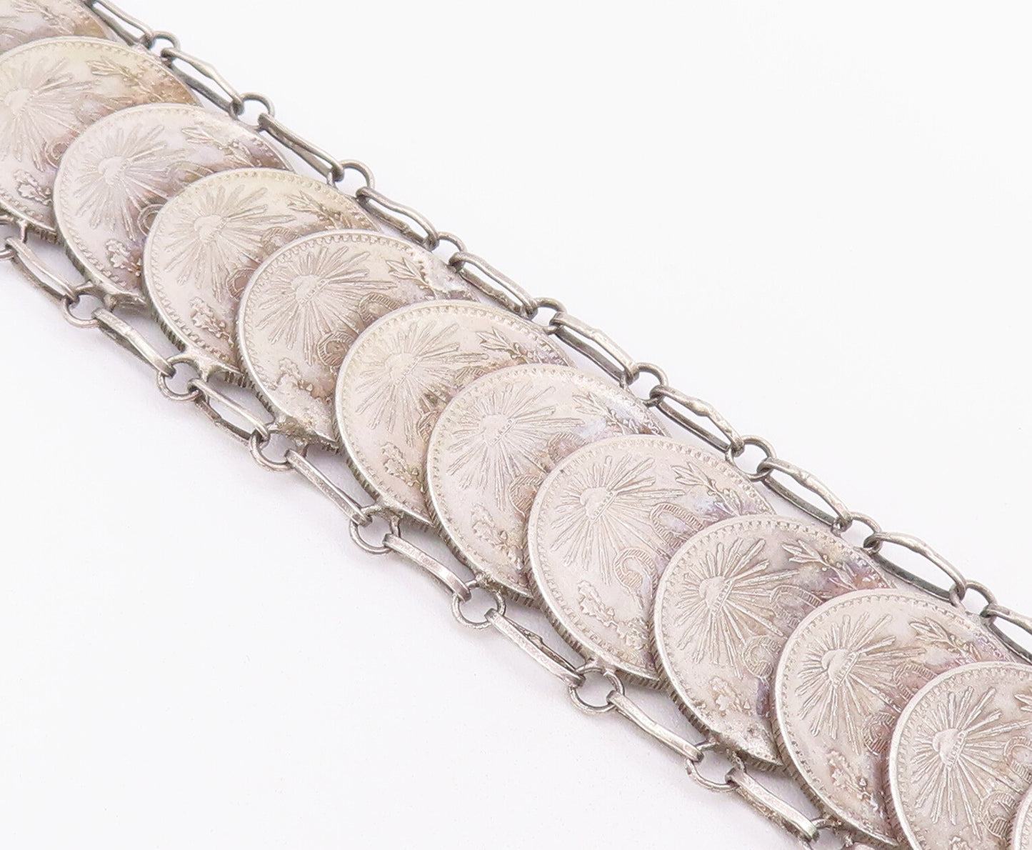 925 Sterling Silver Vintage Bracelet Mexican 20 Cent Chained Linked  BT10366