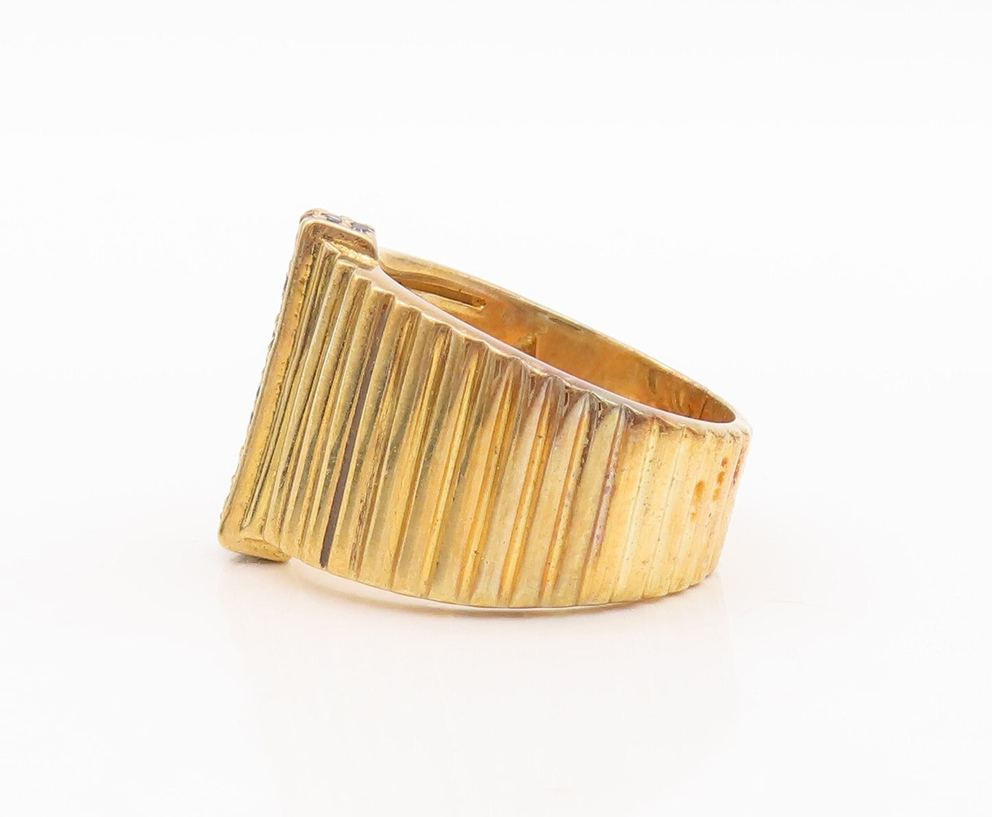 925 Sterling Silver Vintage Ring Gold Plated Fence Grooved Spinel Sz 7.5 RG29622
