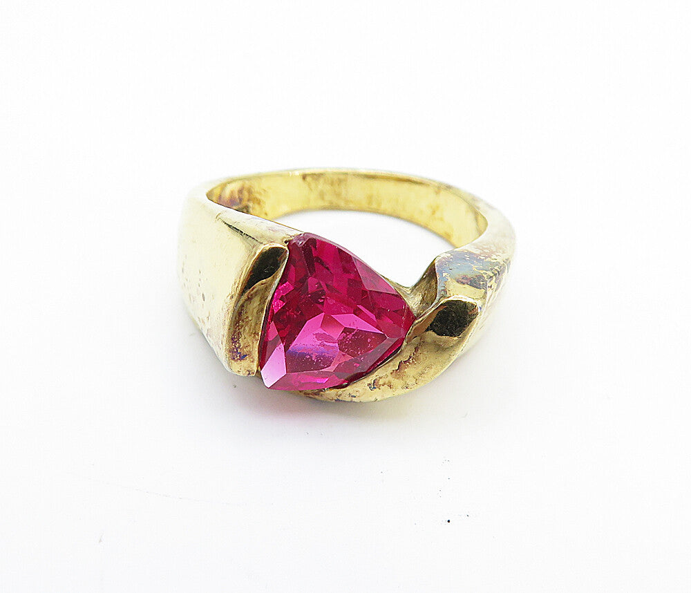 925 Sterling Silver  Pink Topaz Shiny Gold Plated Band Ring Sz 7.5  RG6552