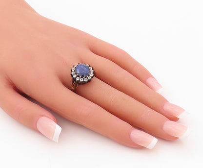 925 Sterling Silver Vintage Ring Gold Plated Blue Gemstone & CZ  Sz 8  RG30427
