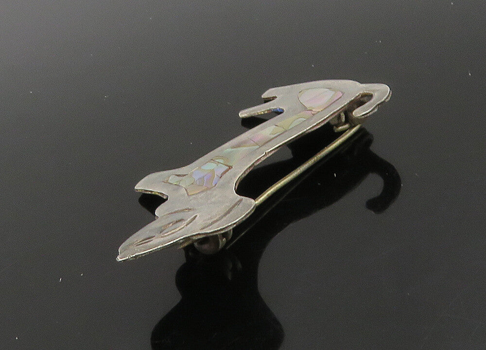 MEXICO 925 Sterling Silver  Vintage Abalone Shell Dog Motif Brooch Pin  BP8929