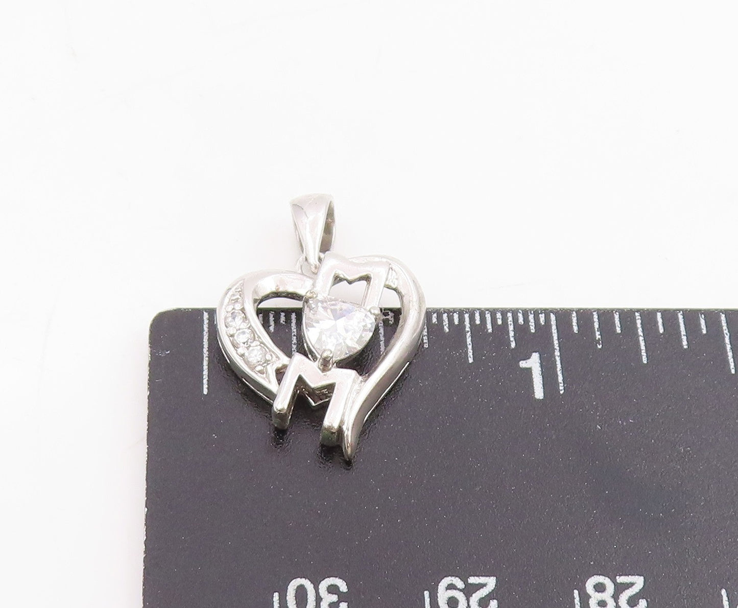 925 Sterling Silver Vintage Pendant Cubic Zirconia MOM Love Heart Charm  PT25527