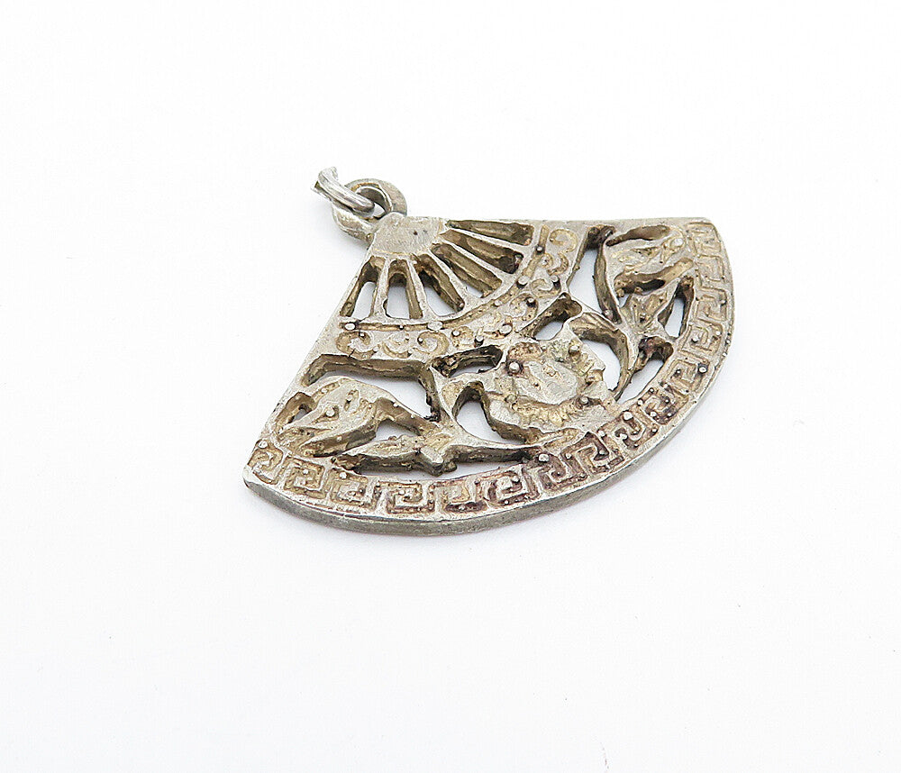 MEXICO 925 Sterling Silver  Vintage Antique Greek Key Fan Pendant  PT2724