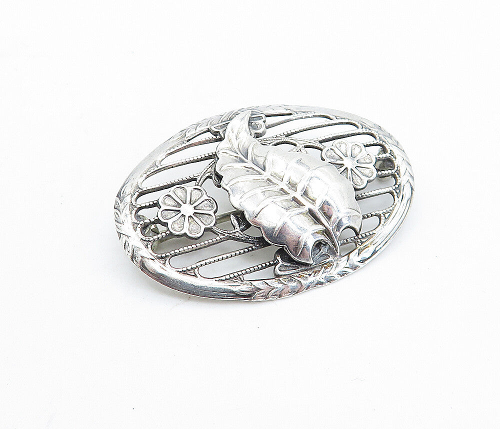 925 Sterling Silver  Vintage Shiny Floral Leaf Open Twist Brooch Pin  BP2555
