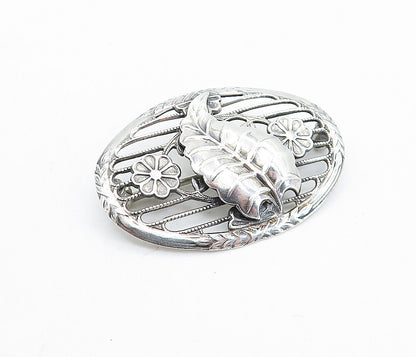 925 Sterling Silver  Vintage Shiny Floral Leaf Open Twist Brooch Pin  BP2555