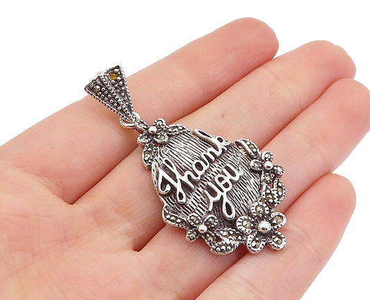 925 Sterling Silver  Vintage Marcasite Thank You Floral Drop Pendant  PT3979