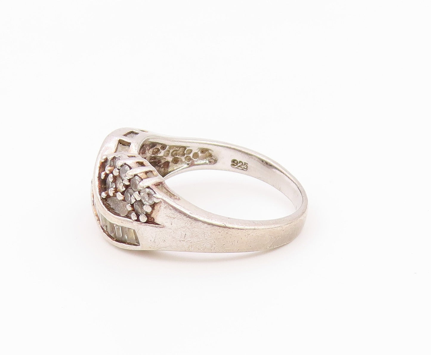 925 Sterling Silver Vintage Ring Baguette & Round Cut CZ Wave  Sz 8  RG36553