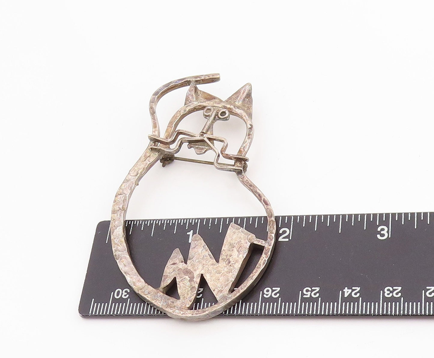 925 Sterling Silver Vintage Brooch CARSI MEXICO Hammered Cat Outline Pin BP11960