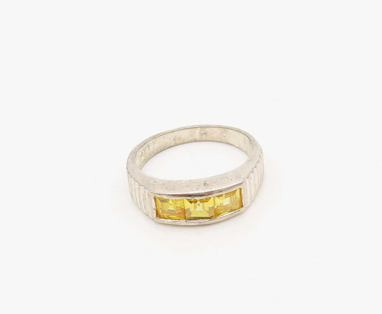 925 Sterling Silver  Vintage Solid Inlay Yellow Square CZ Ring Sz 7  RG27481