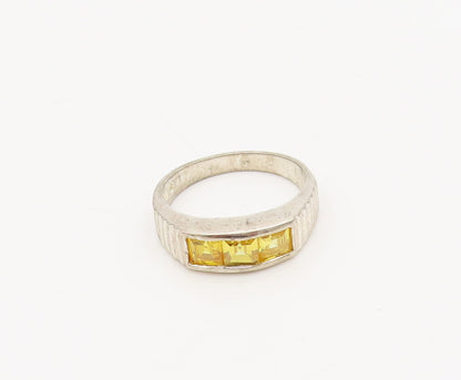 925 Sterling Silver  Vintage Solid Inlay Yellow Square CZ Ring Sz 7  RG27481