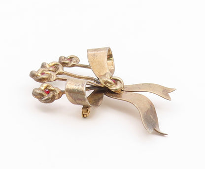 925 Sterling Silver  Vintage Red Topaz Floral Ribbon Bow Brooch Pin  BP4867