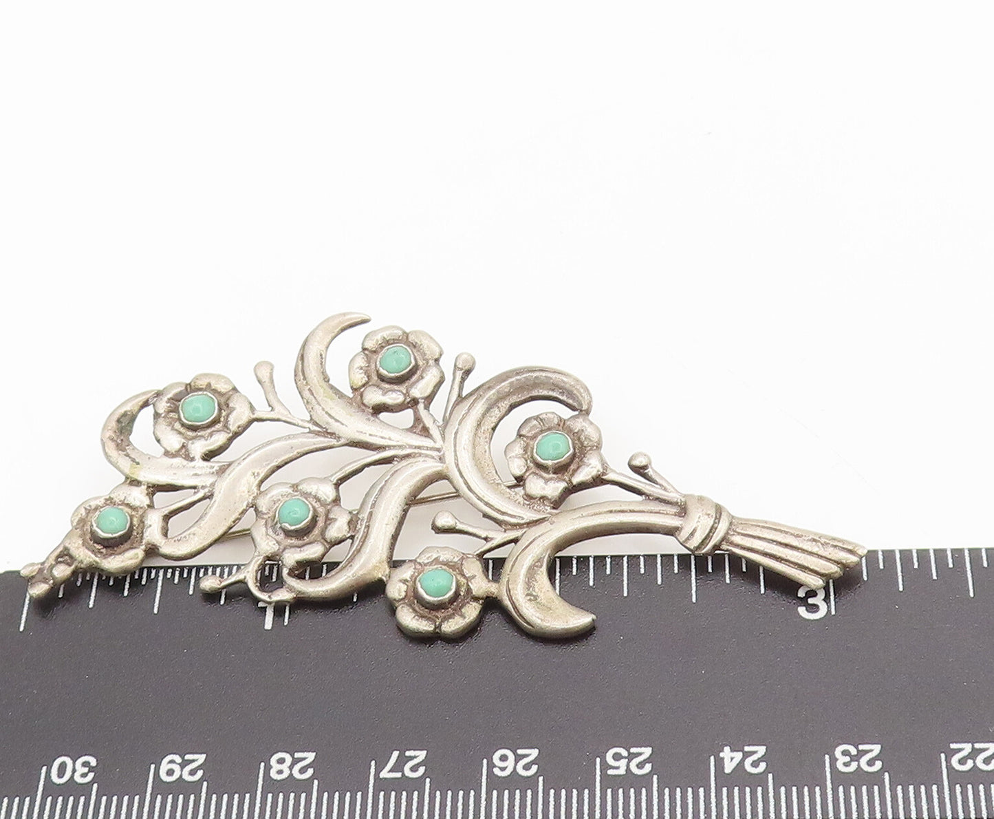 MEXICO 925 Silver  Vintage Antique Bouquet Cutout Turquoise Brooch Pin BP10310