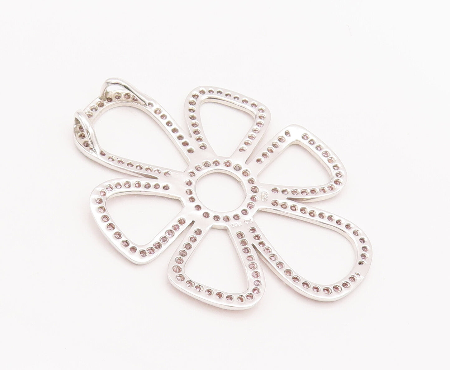925 Sterling Silver Vintage Pendant Large Floral Stencil Beaded Topaz  PT22647