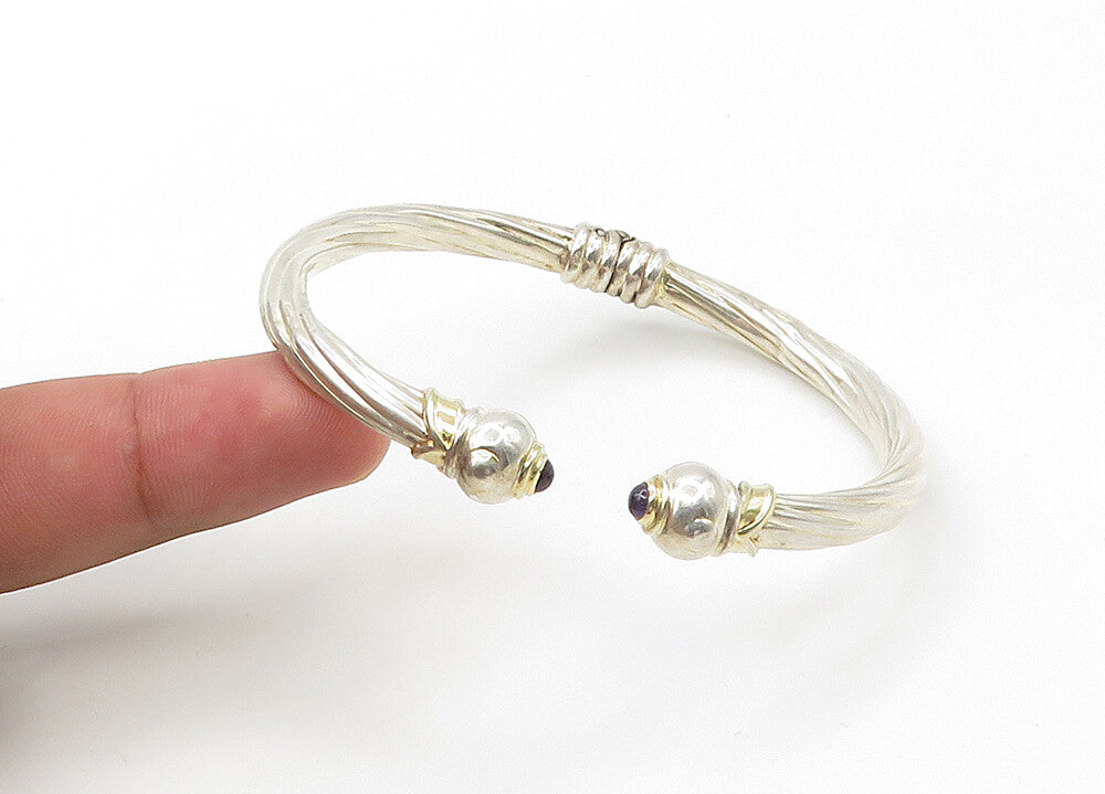 925 Silver & 14K GOLD  Vintage Black Onyx Ends 2 Tone Cuff Bracelet  BT8542