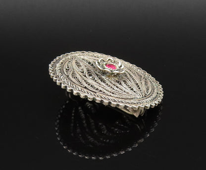 ISRAEL 925 Silver  Vintage Filigree Floral Tourmaline Brooch Pin  BP9883