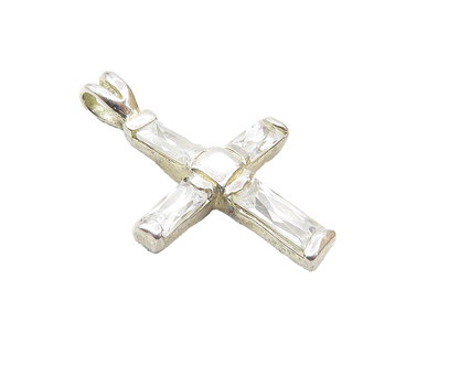 925 Sterling Silver  Vintage Cubic Zirconia Religious Cross Pendant  PT7589