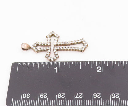 925 Sterling Silver Vintage Pendant Round CZ Religious Cross Outline  PT25530