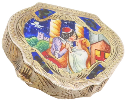 925 Sterling Silver Vintage Painted Royal Kissing Couple Swirl Pill Box  TR3618