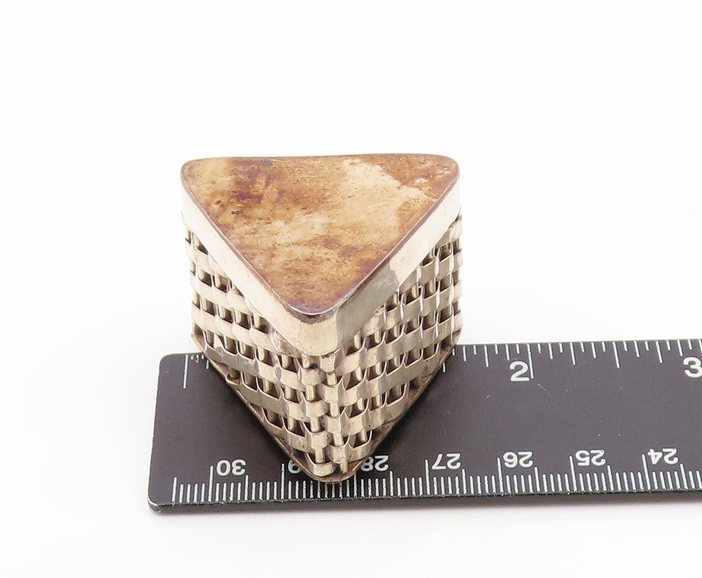 925 Sterling Silver Vintage Trinket Box MEXICO Triangular Basketweave  TR4221