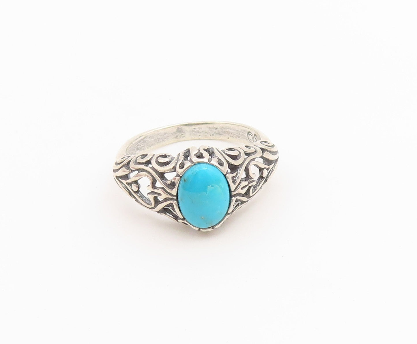 925 Sterling Silver Vintage Ring Cabochon Turquoise Openwork Band  Sz 7  RG36675