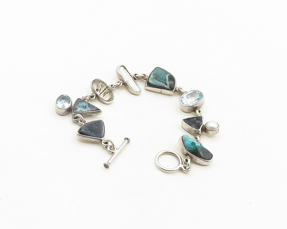 925 Silver Vintage Pearl Quartz Topaz & Multi Stone Chain Bracelet BT7697