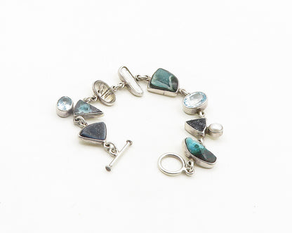 925 Silver Vintage Pearl Quartz Topaz & Multi Stone Chain Bracelet BT7697