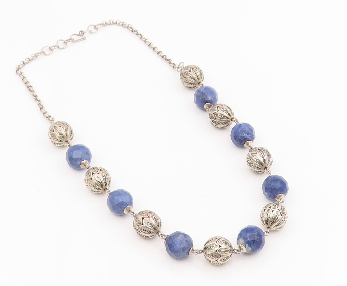 925 Sterling Silver Vintage Necklace Lapis Lazuli Beaded Bohemian Chain  NE4757