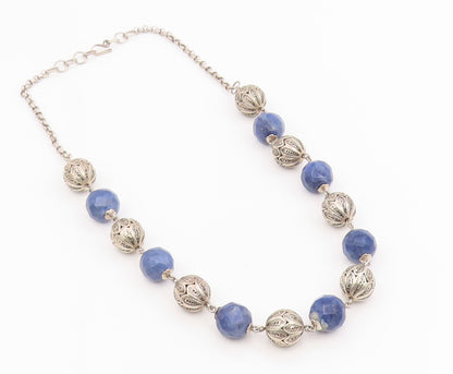925 Sterling Silver Vintage Necklace Lapis Lazuli Beaded Bohemian Chain  NE4757