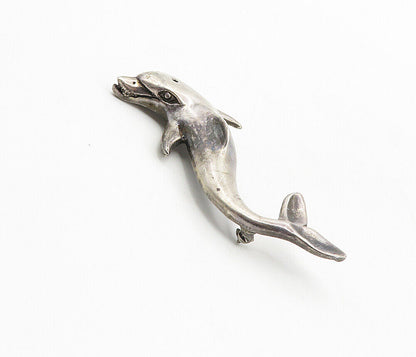 MEXICO 925 Sterling Silver  Vintage Dark Tone Dolphin Motif Brooch Pin  BP3281