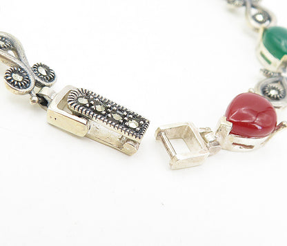 925 Silver  Vintage Mother Of Pearl Carnelian & Onyx Chain Bracelet  BT3809