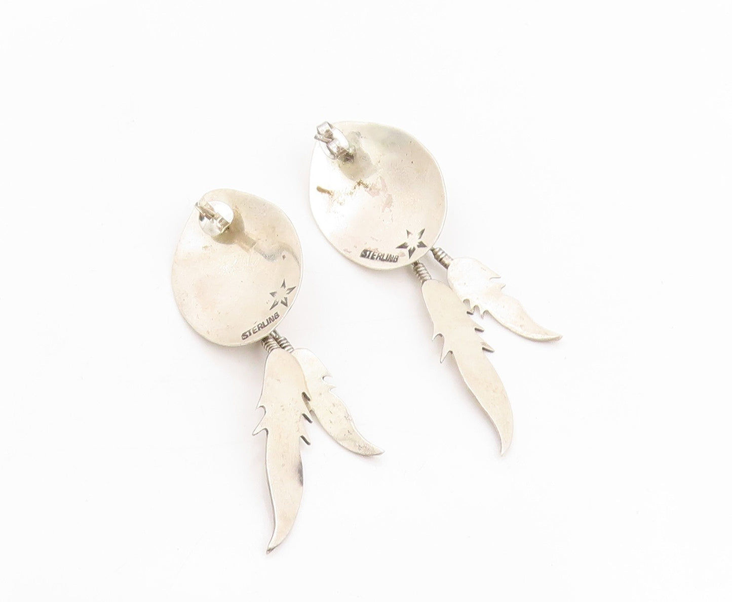 925 Sterling Silver Vintage Earrings NAVAJO Turquoise Feather Dangles  EG13726