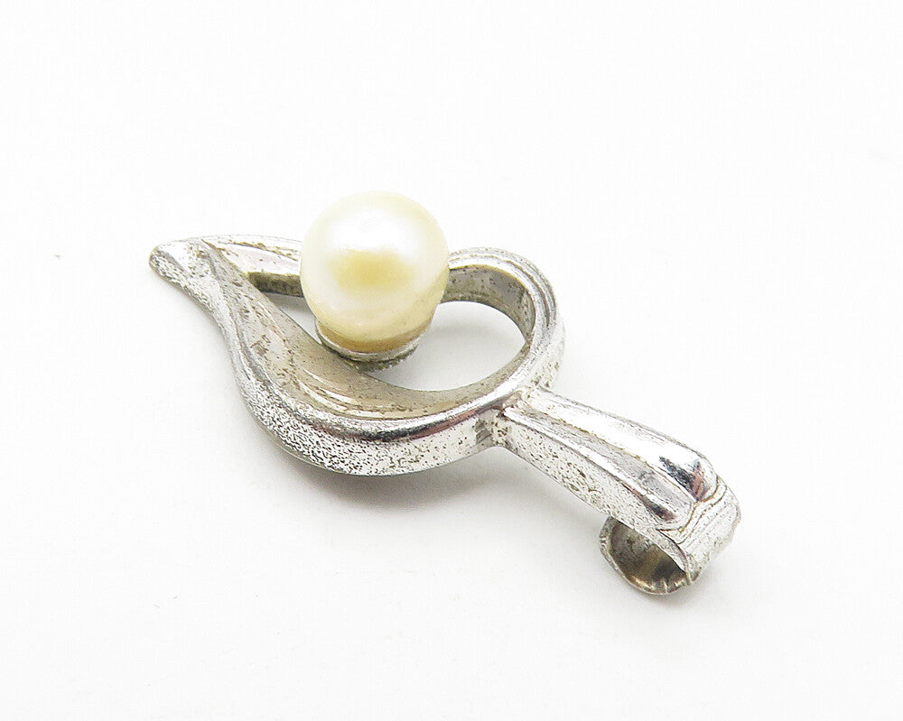 MA 925 Sterling Silver  Vintage Petite Freshwater Pearl Leaf Pendant  PT8867