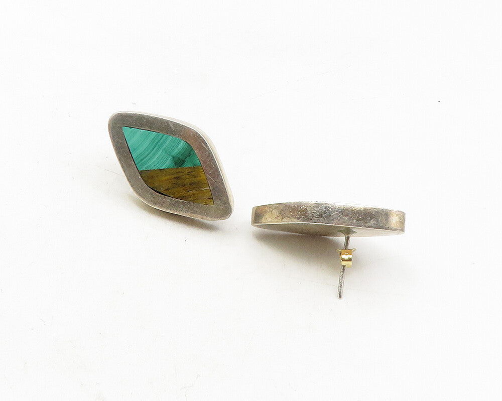 MEXICO 925 Silver  Vintage Inlaid Malachite & Tiger's Eye Drop Earrings EG5270
