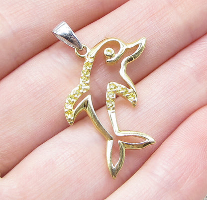 Gold Over 925 Sterling Silver Cubic Zirconia Dolphin Drop Pendant PT1361
