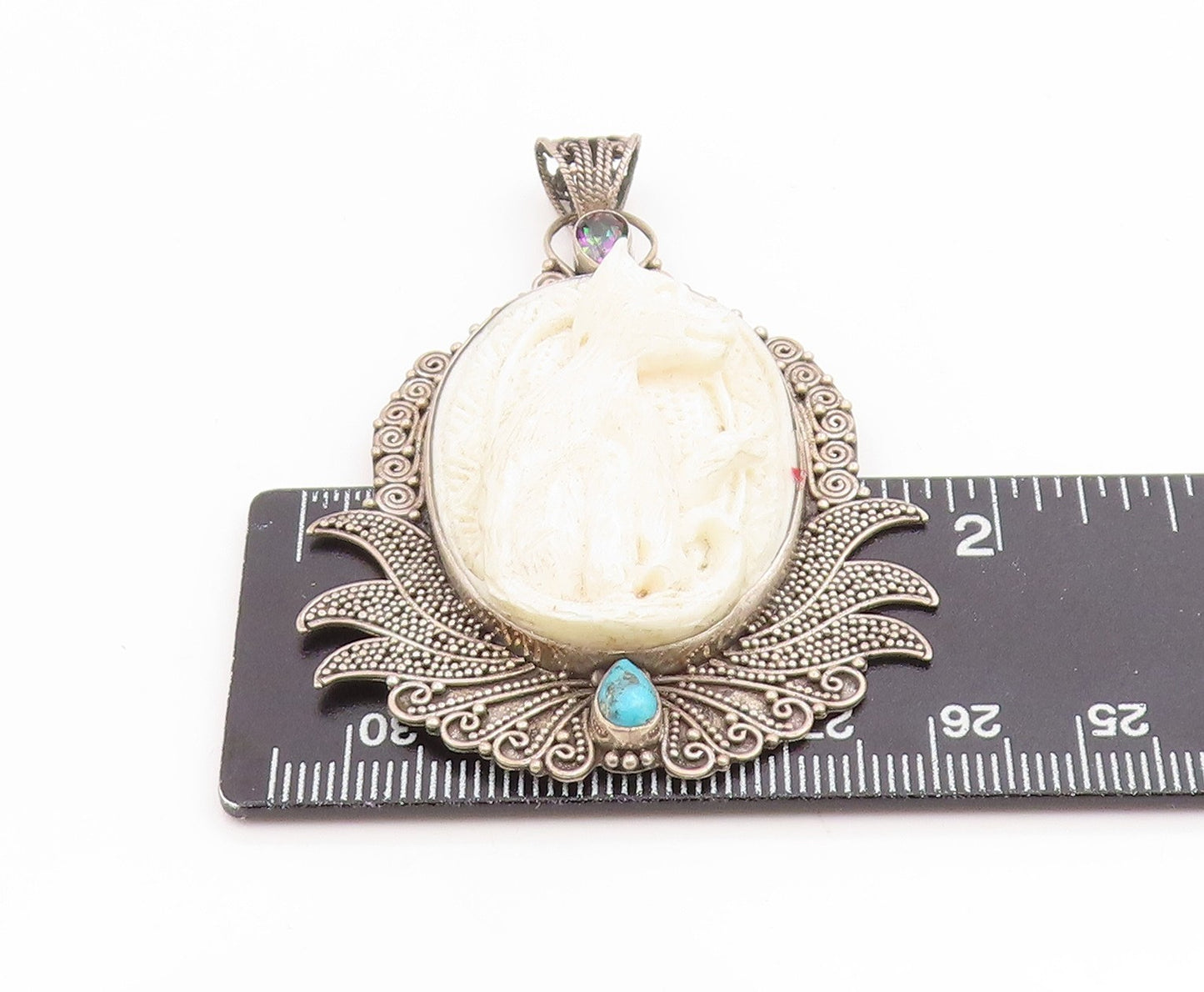 925 Sterling Silver Vintage Pendant Mystic Topaz & Turquoise Carved Cat  PT26200