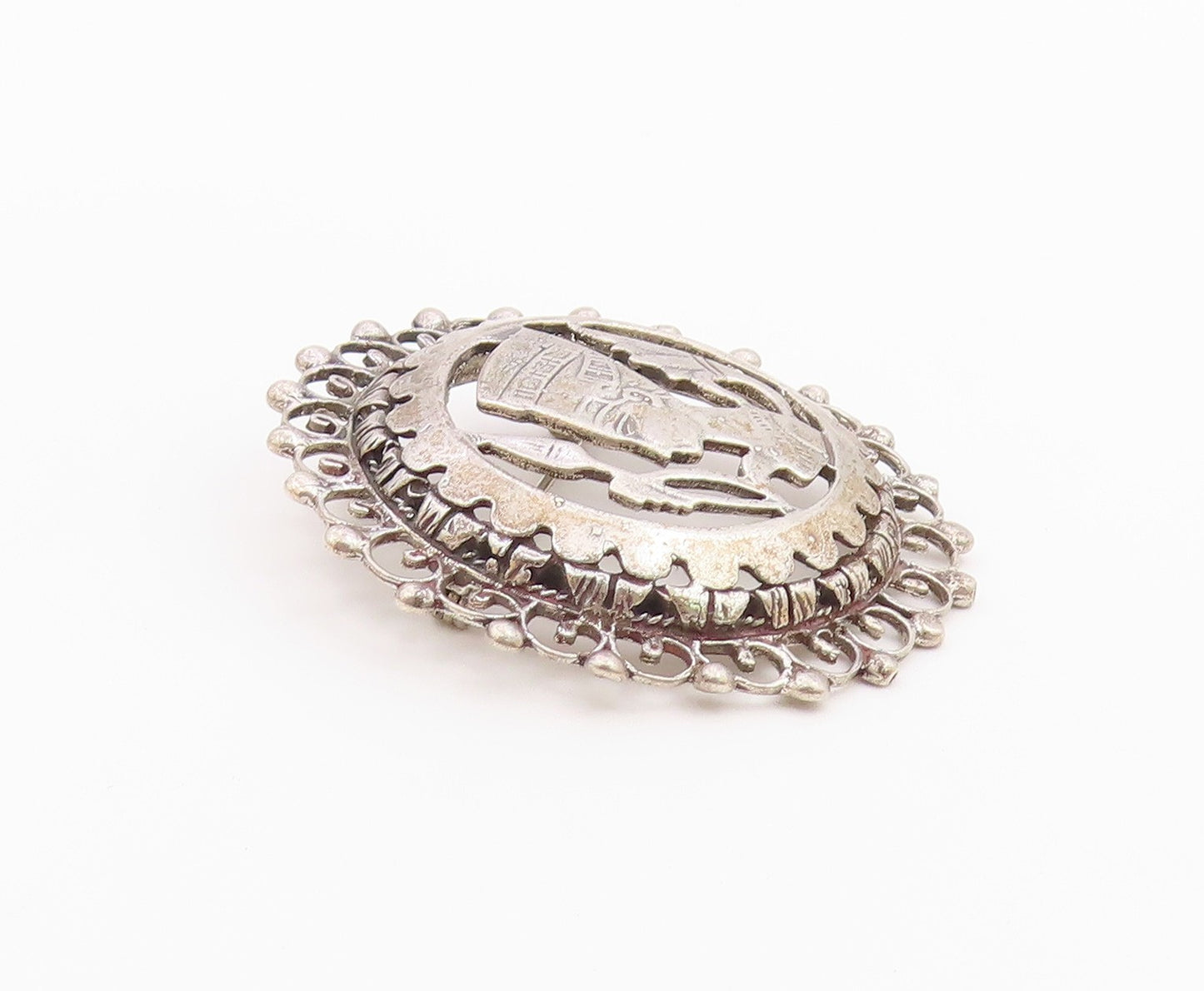 925 Silver  Vintage Beaded Border Openwork Nefertiti Head Brooch Pin  BP9833