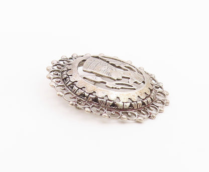 925 Silver  Vintage Beaded Border Openwork Nefertiti Head Brooch Pin  BP9833